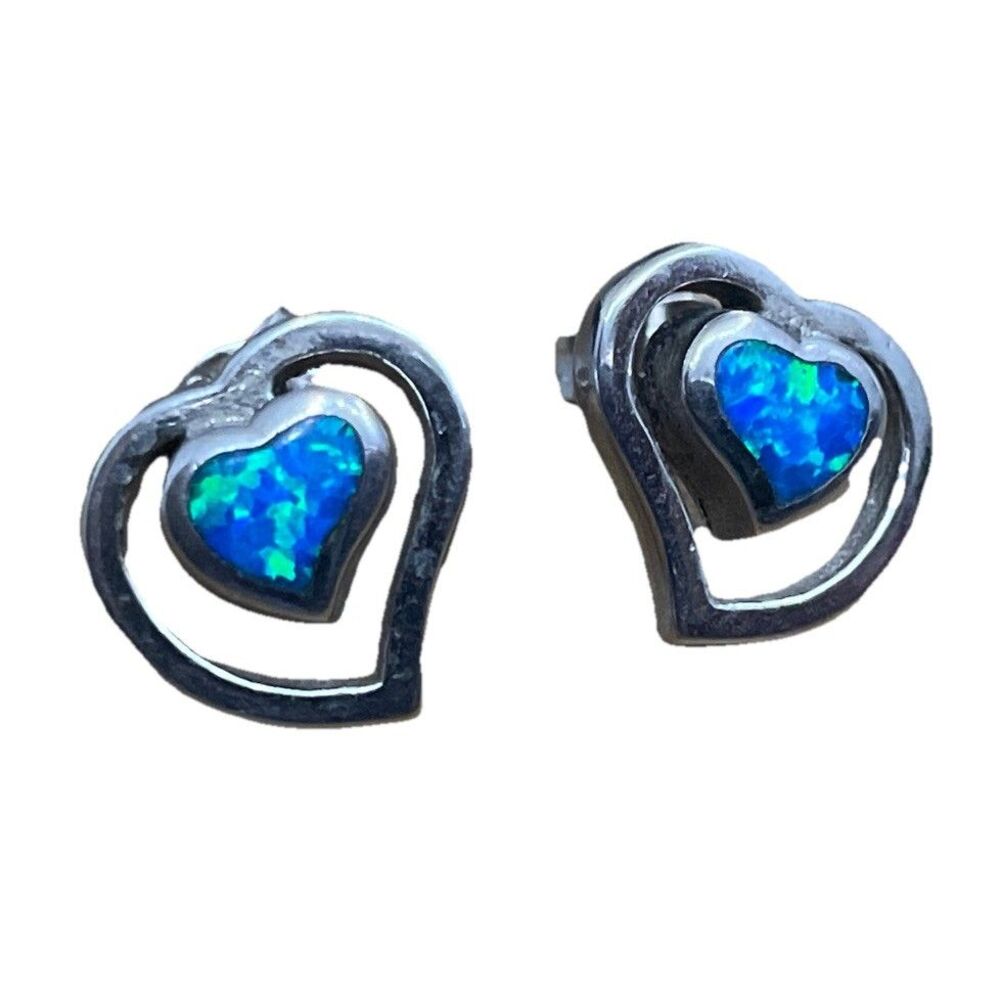 925 Sterling Silver Blue Lab Opal Heart Stud Earrings Heart In Heart Boho